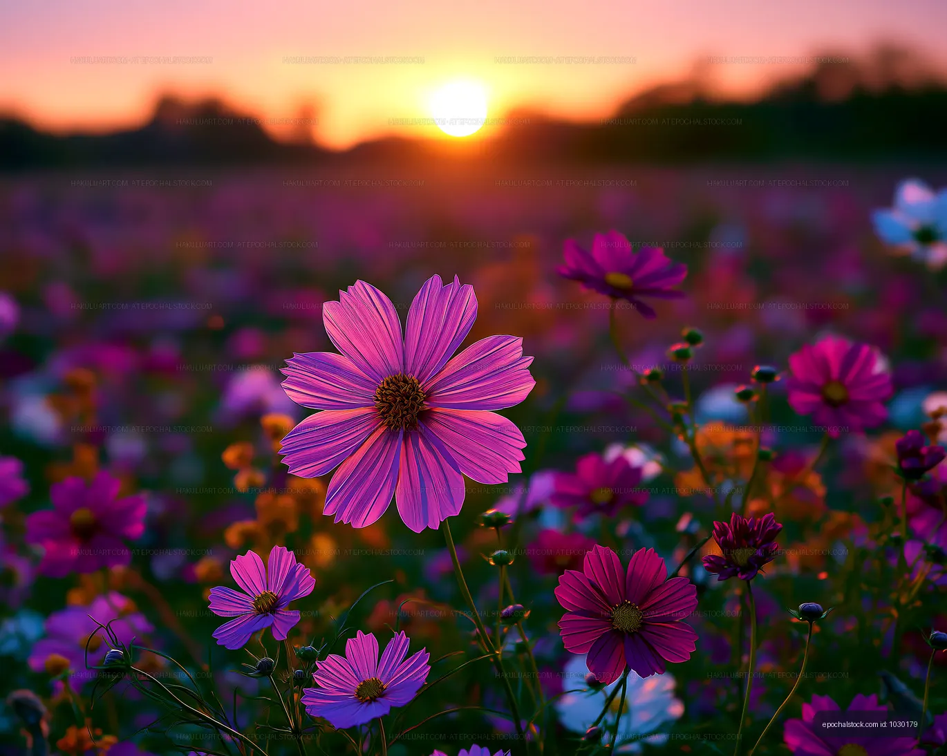 Field of colorful flowers at sunset near a meadow