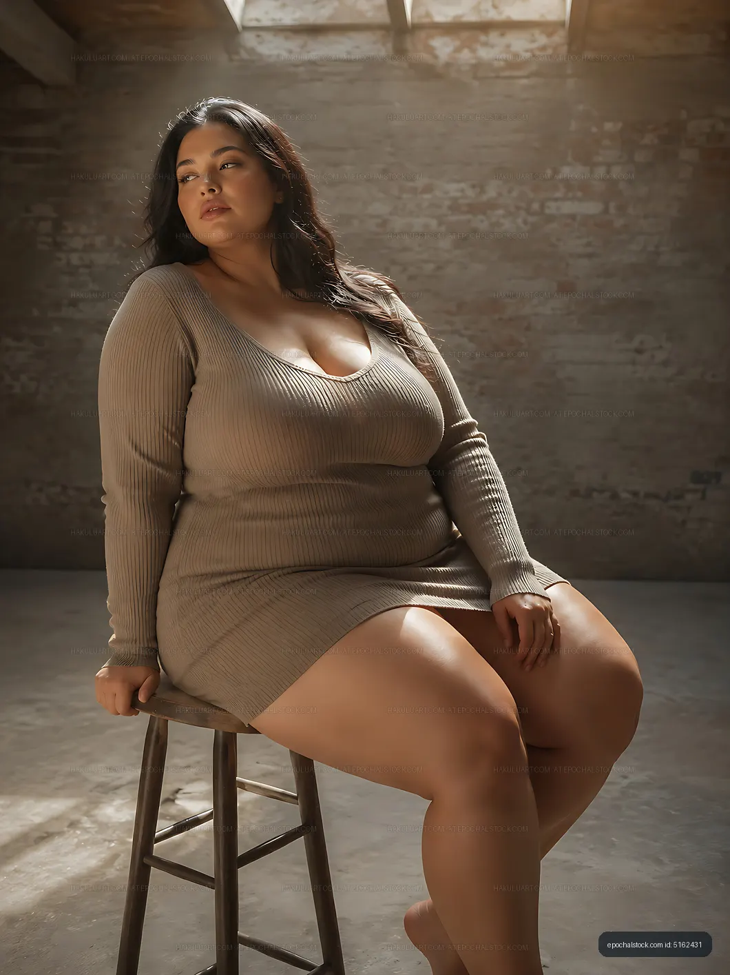 Model posing on a stool in a studio with natural light