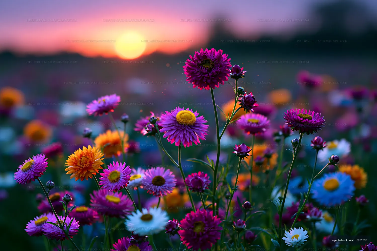 Colorful flowers bloom at sunset in a vibrant field