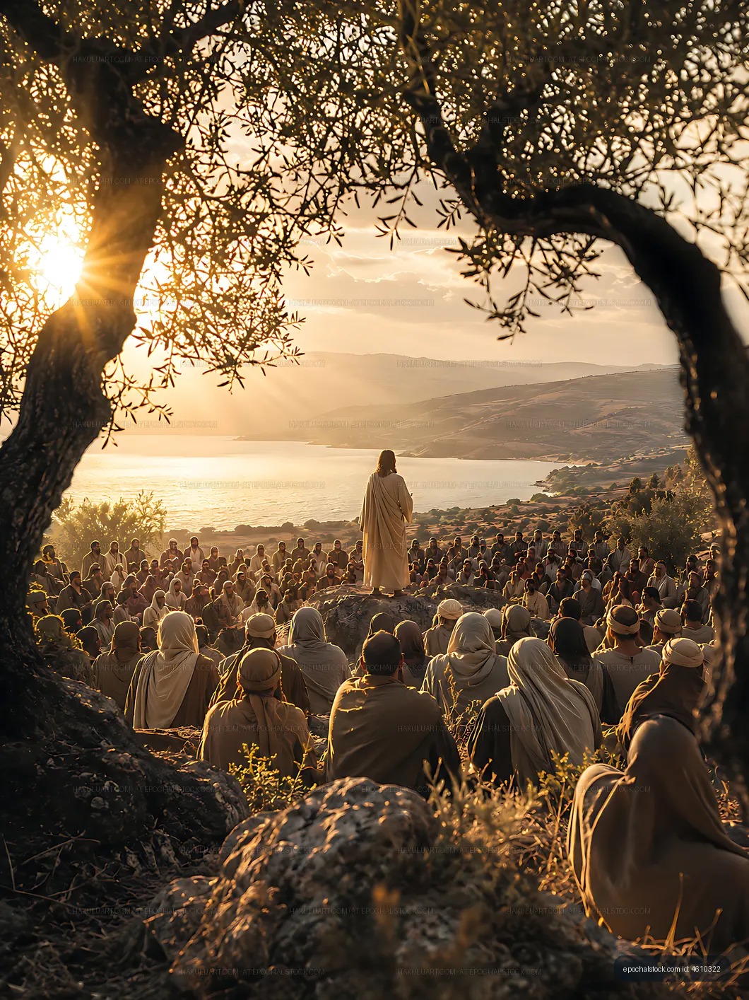 Gathering of people listening to a speaker at sunset near water
