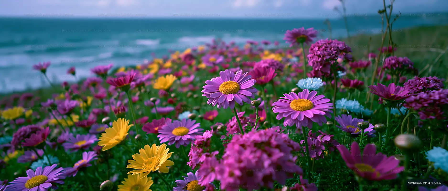 Colorful flowers by the ocean on a sunny day