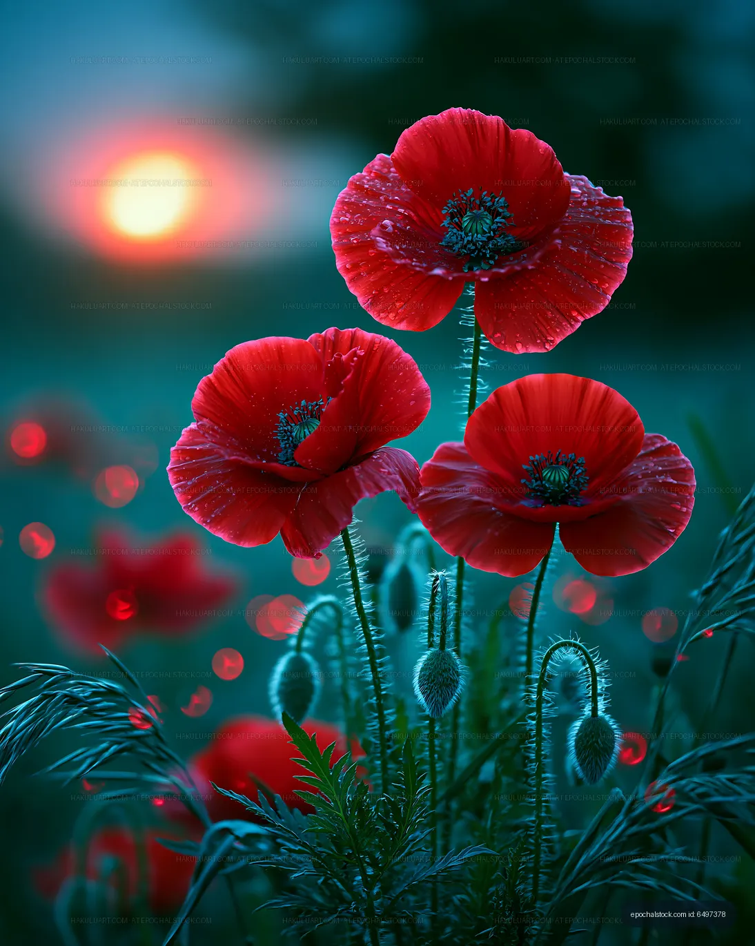 Bright red poppy flowers in a field during sunset