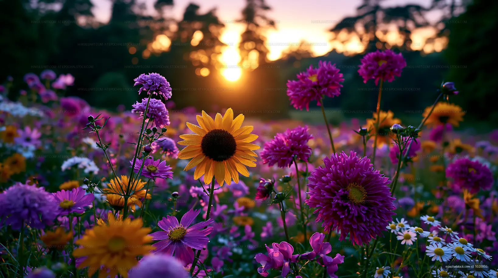 Bright flowers in a field during sunset