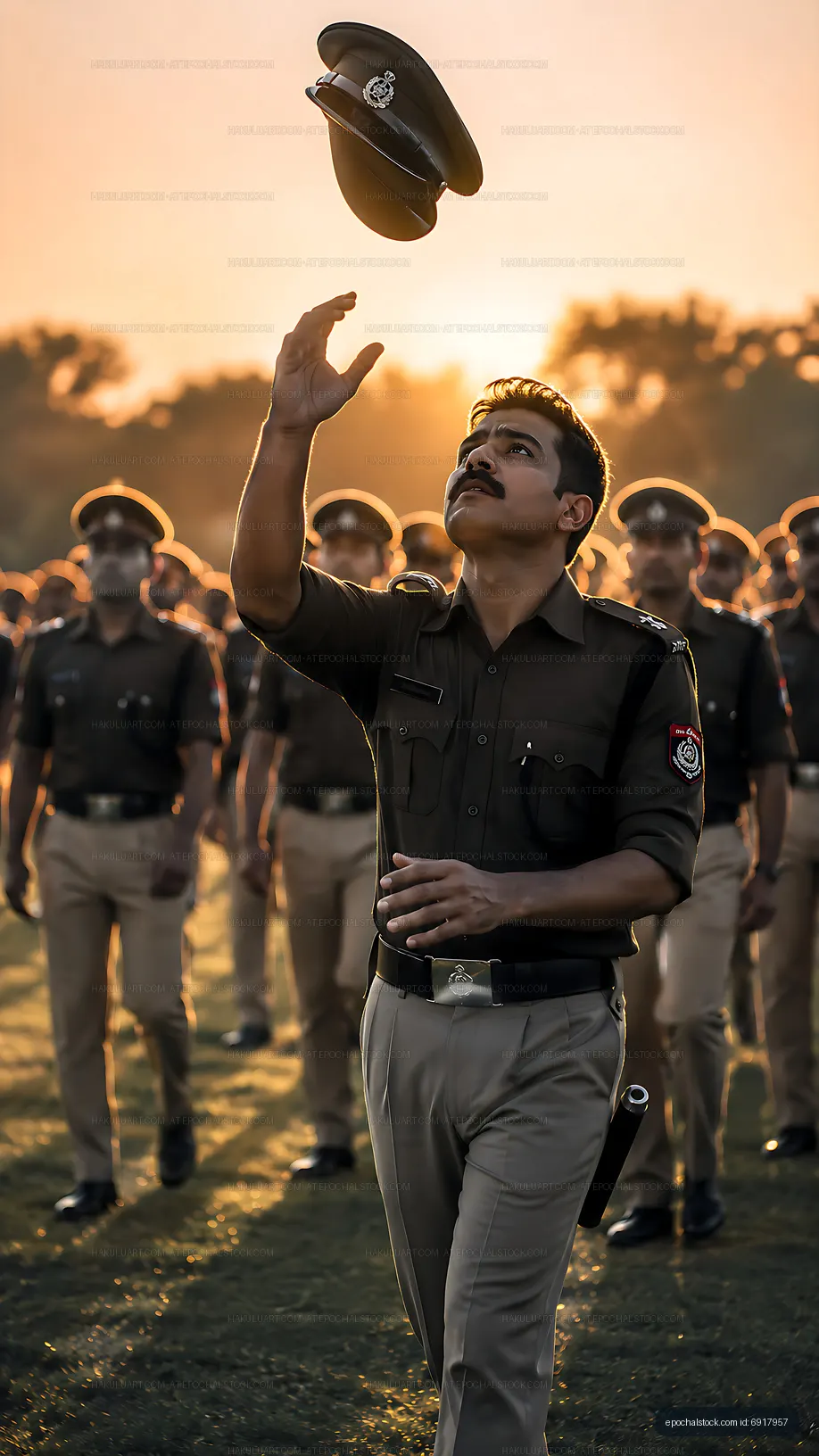 Police officer tosses cap during parade at sunset