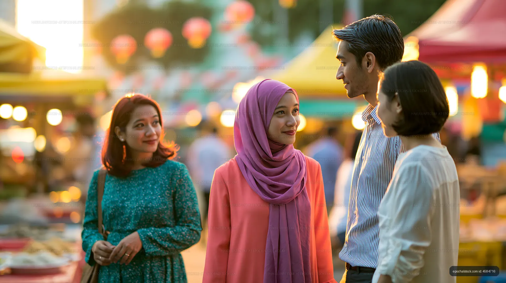 Evening market scene with diverse friends enjoying time together