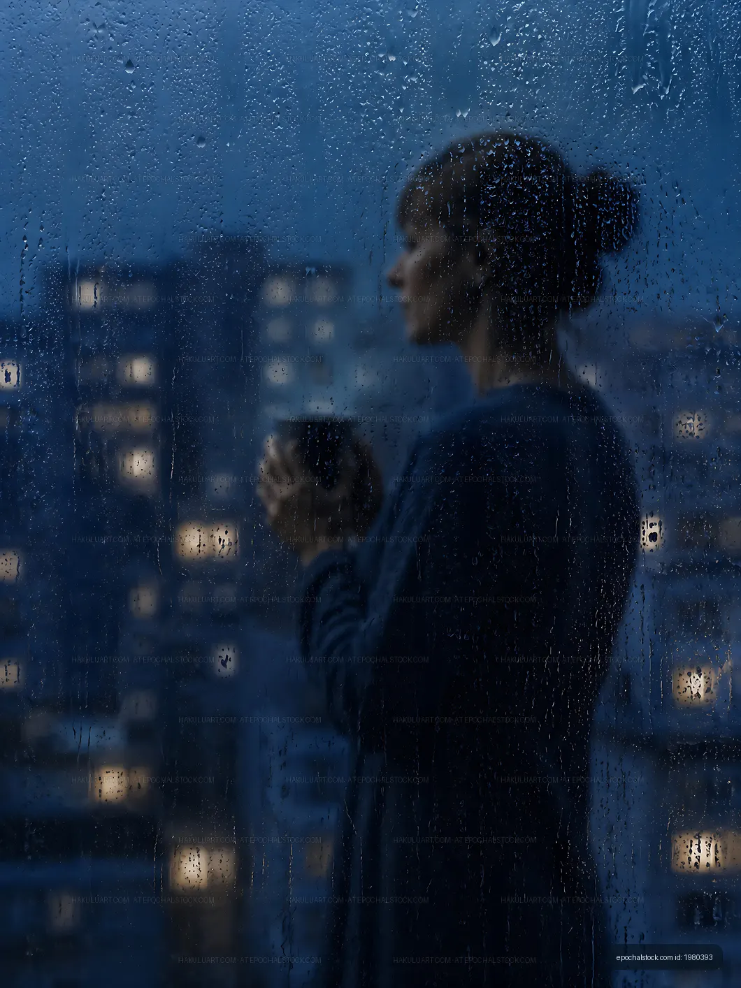 Woman holding a cup looking out at a city during rain