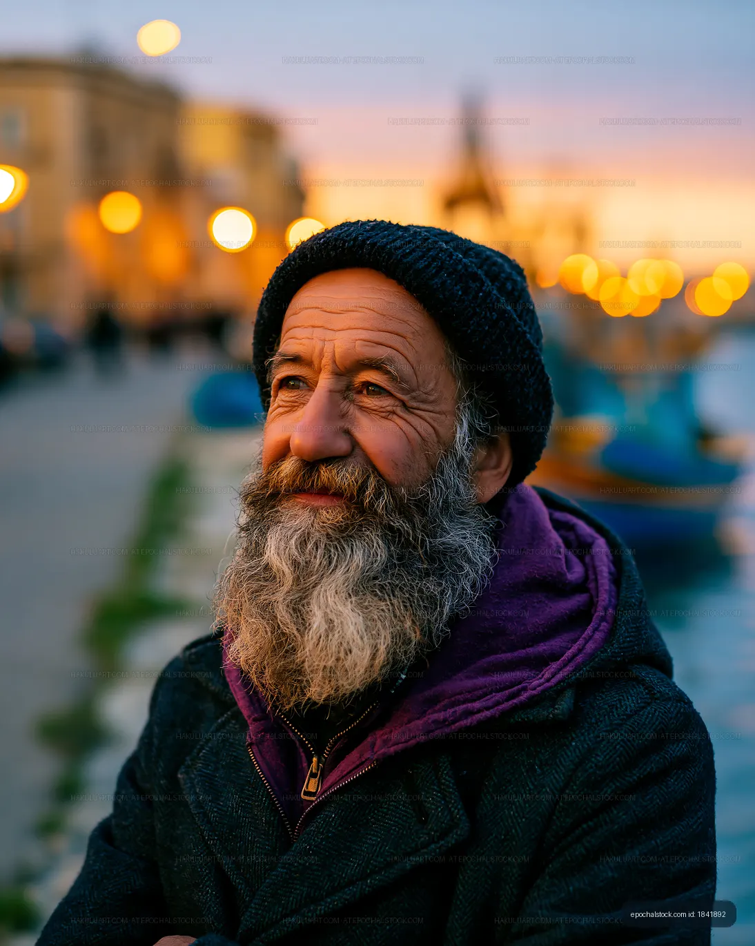 Man with a beard by the waterfront during sunset