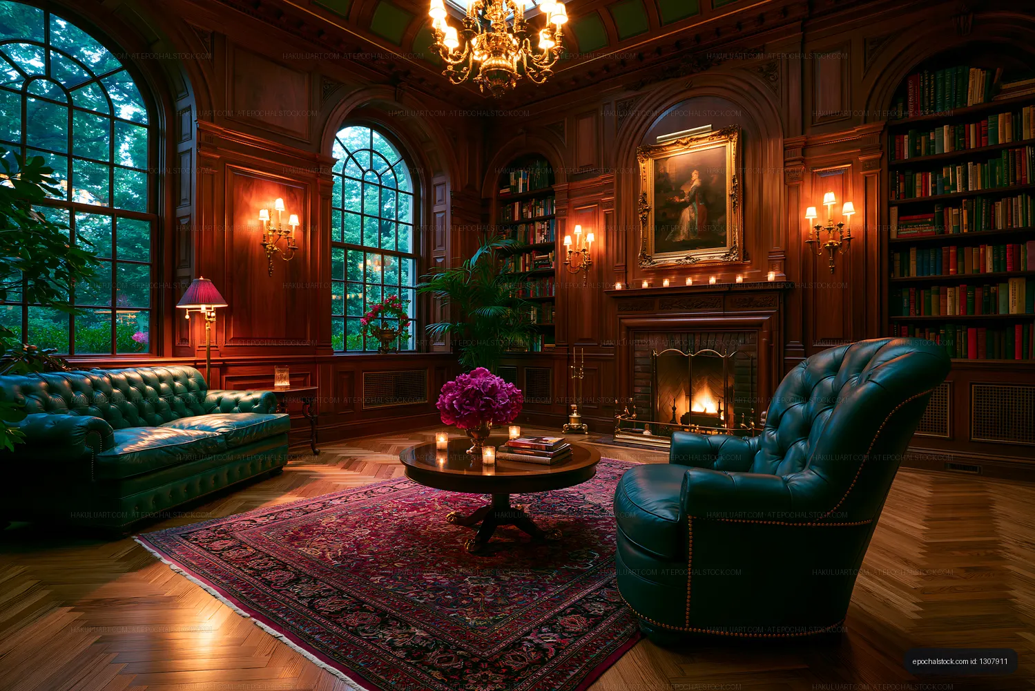 Cozy living room with a fireplace and bookshelves