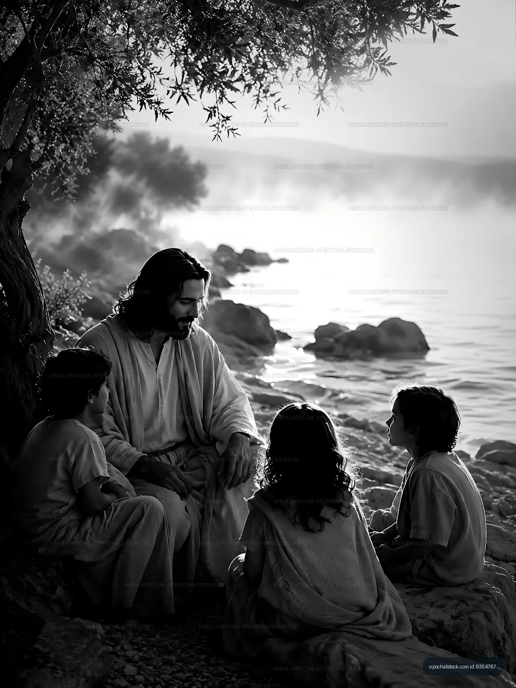 Jesus teaching children by the water in a black and white scene