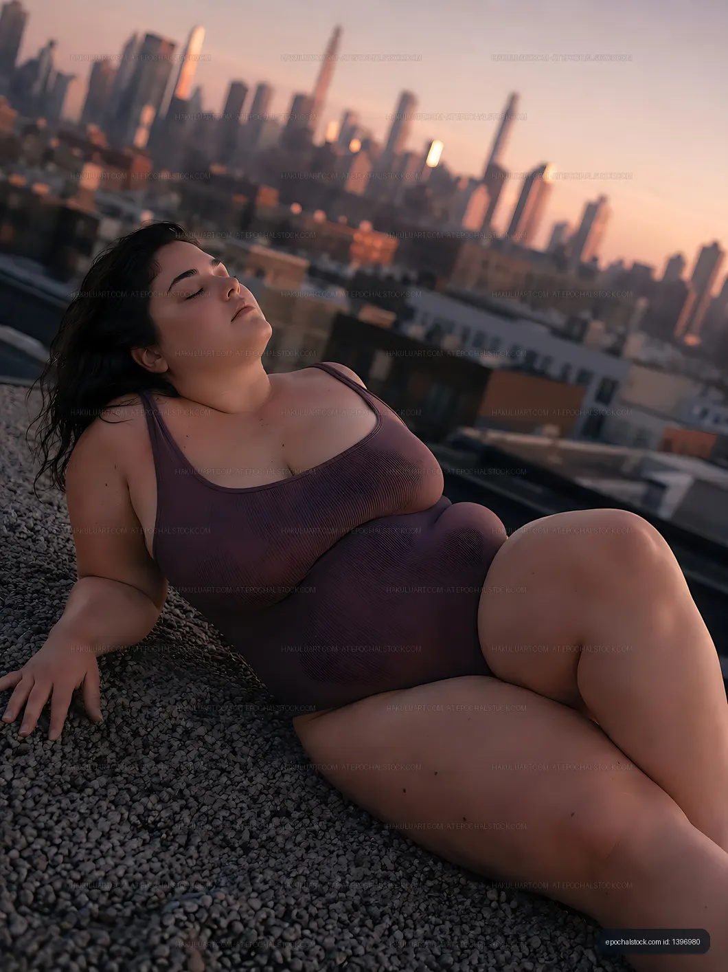Woman relaxing on rooftop at sunset in cityscape