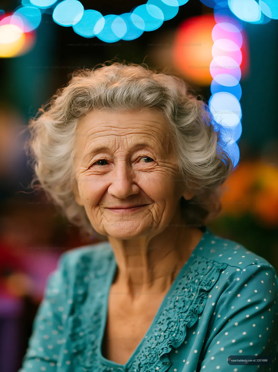 Smiling older woman with gray hair posing at festive gathering