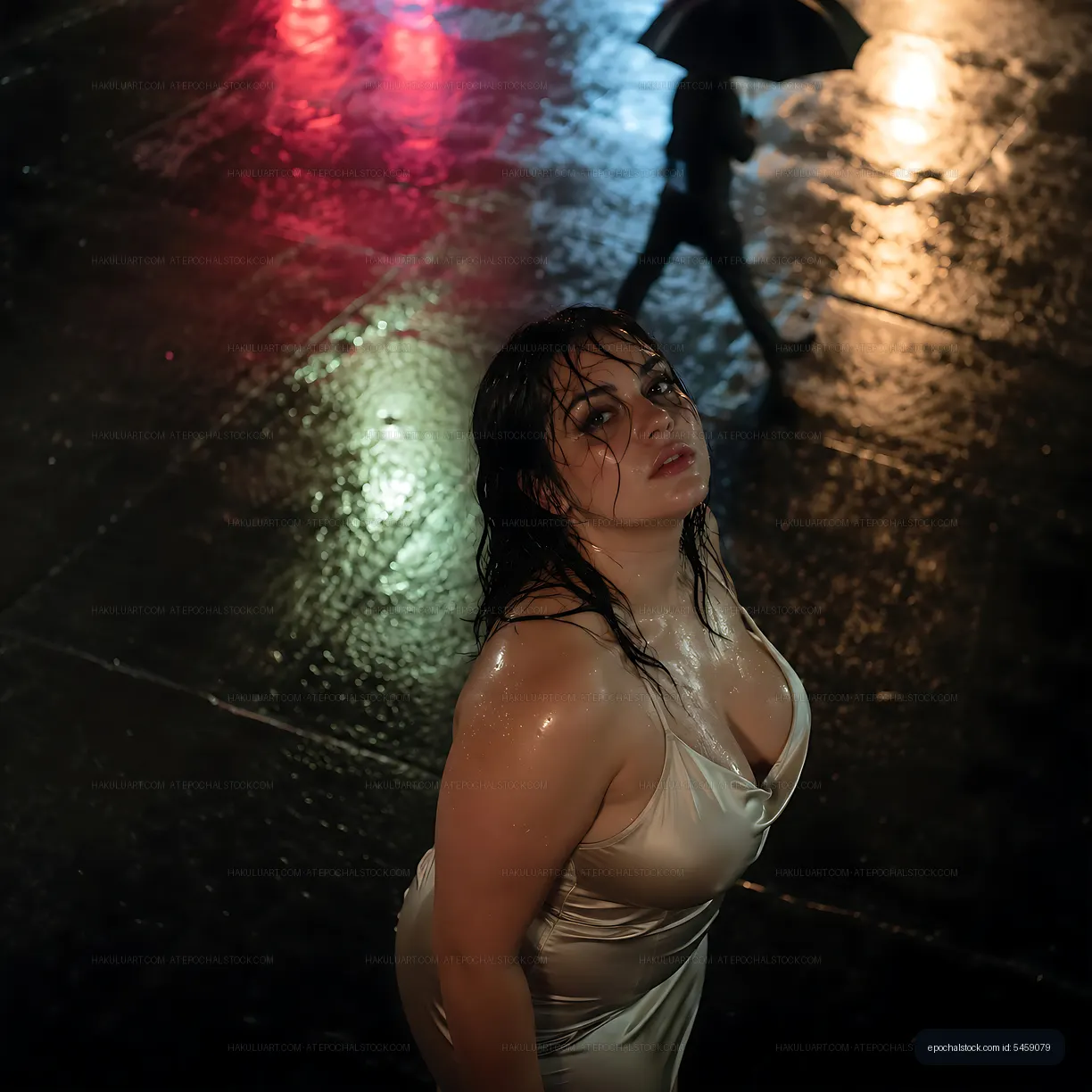 Woman in wet dress looking up on rainy street at night