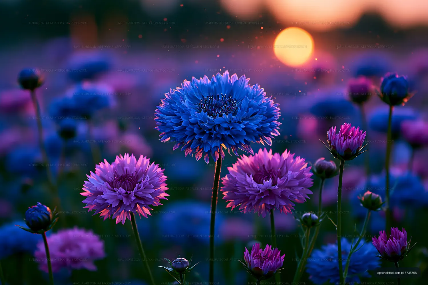 Bunch of purple and blue flowers in a field at sunset