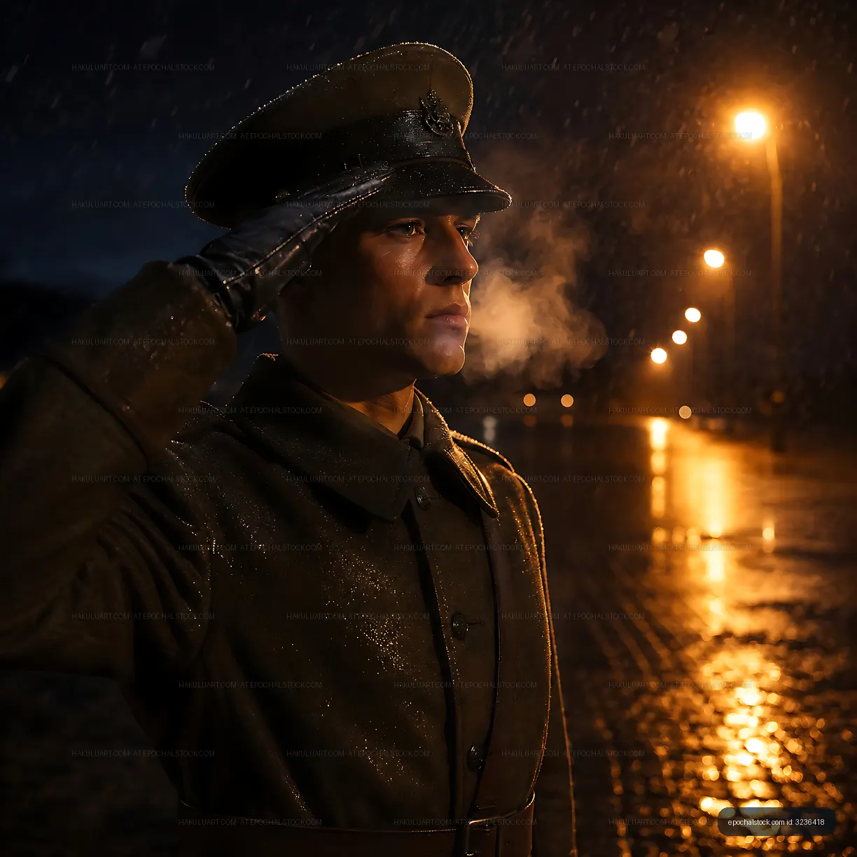 Soldier saluting in the rain at night under streetlights