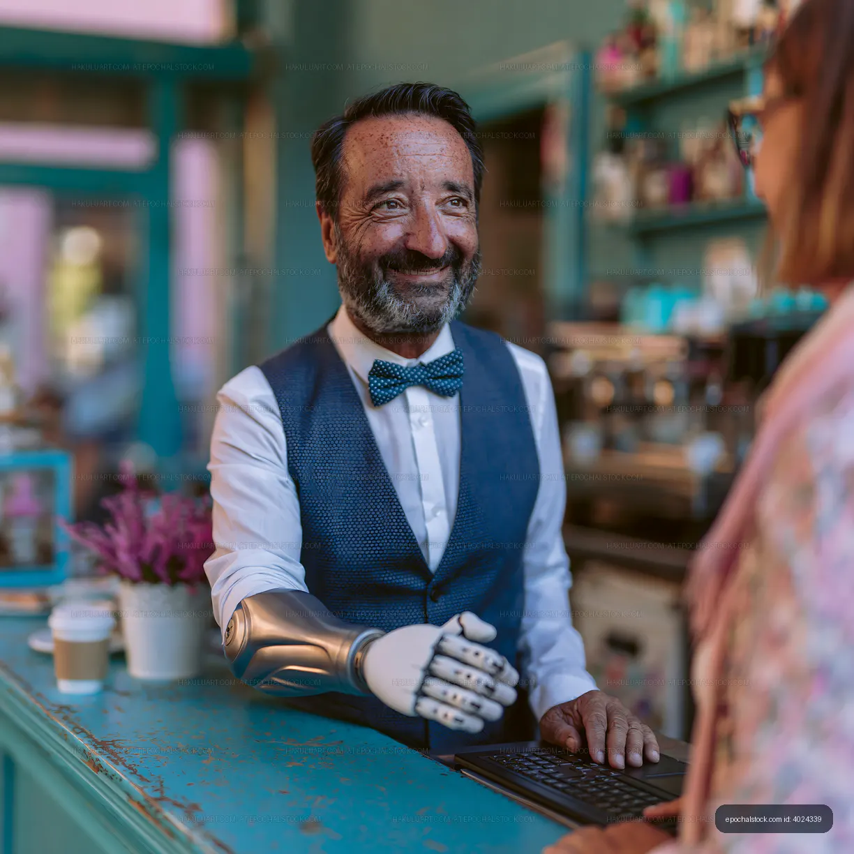Robot arm barista serving coffee in trendy cafe