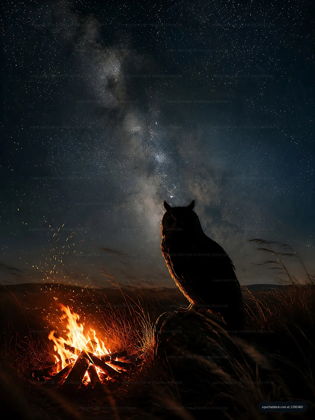 Owl by the campfire under a starry night sky