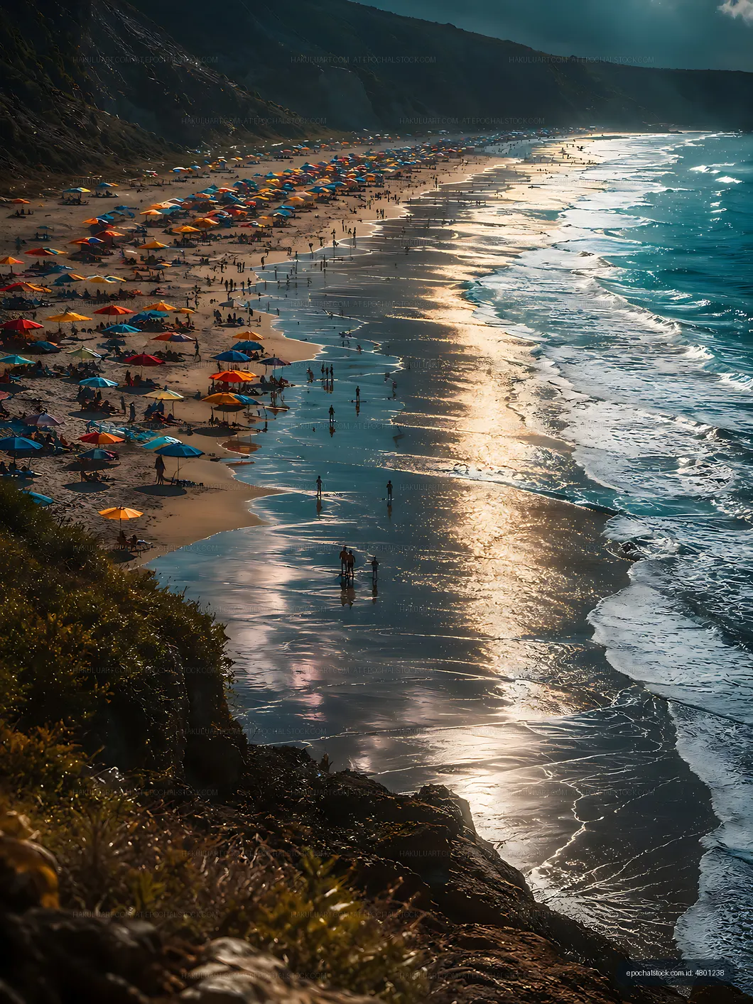 Beach scene with colorful umbrellas and people enjoying the shore