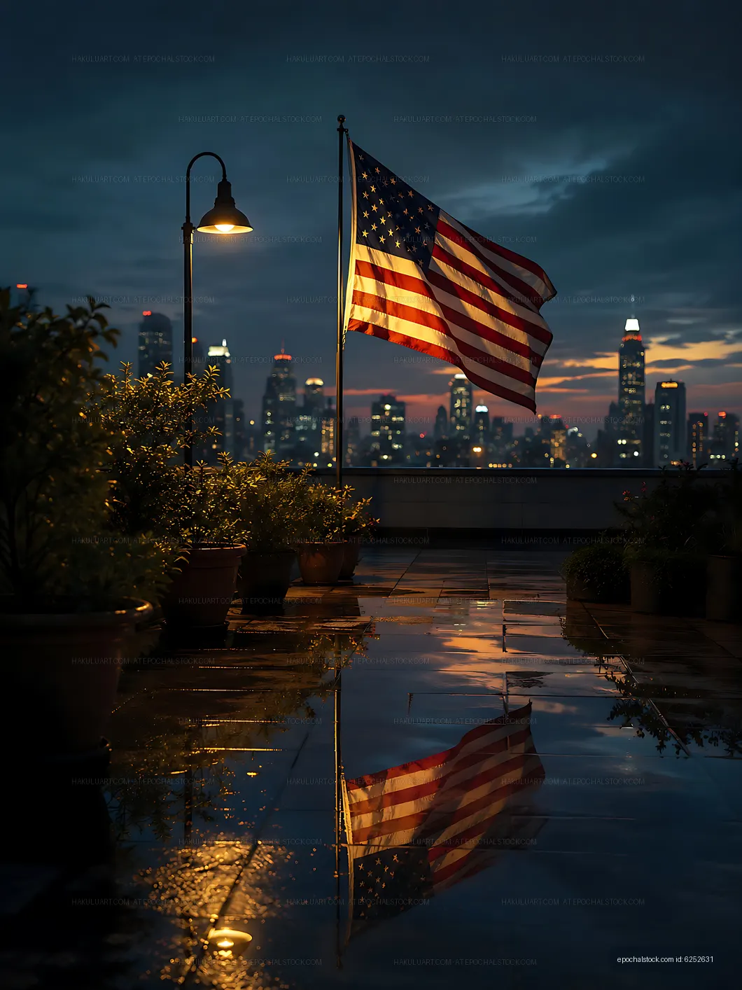 American flag waving on rooftop at sunset in city
