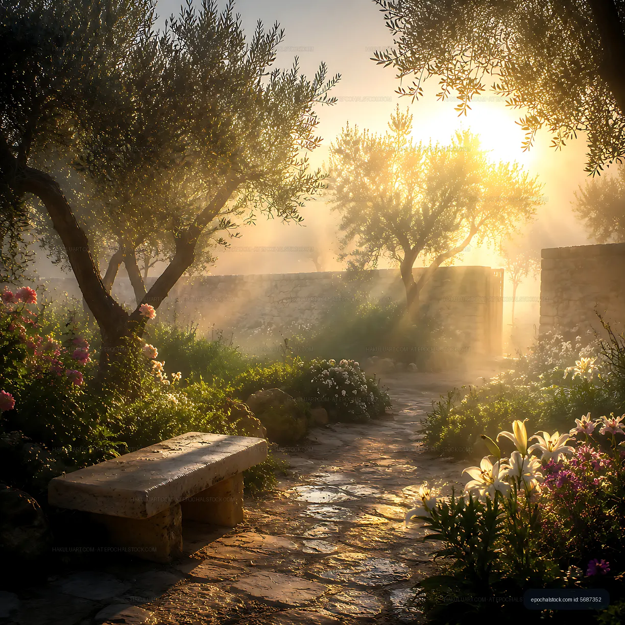 Sunlight filters through trees in a garden at dawn