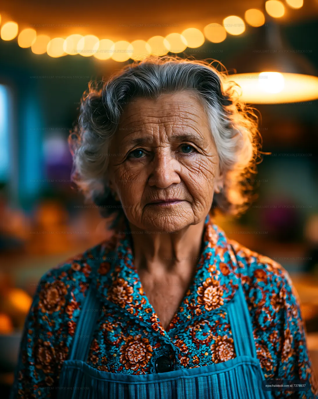 Elderly woman with gray hair and floral shirt in a market setting