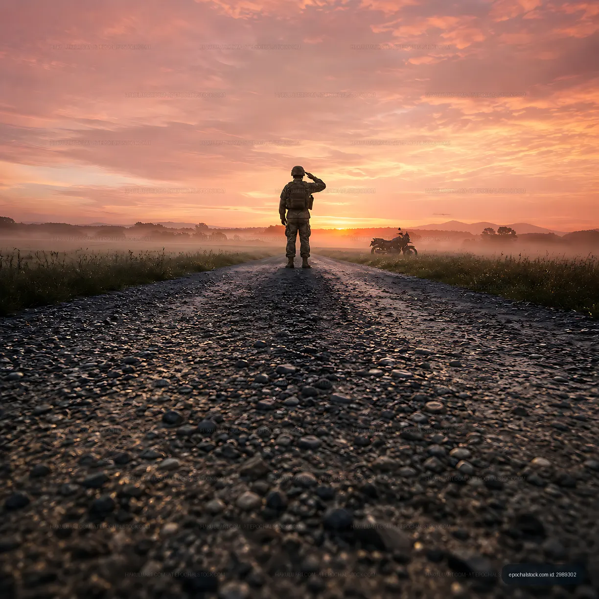Soldier saluting at sunrise on dirt road with motorcycle nearby