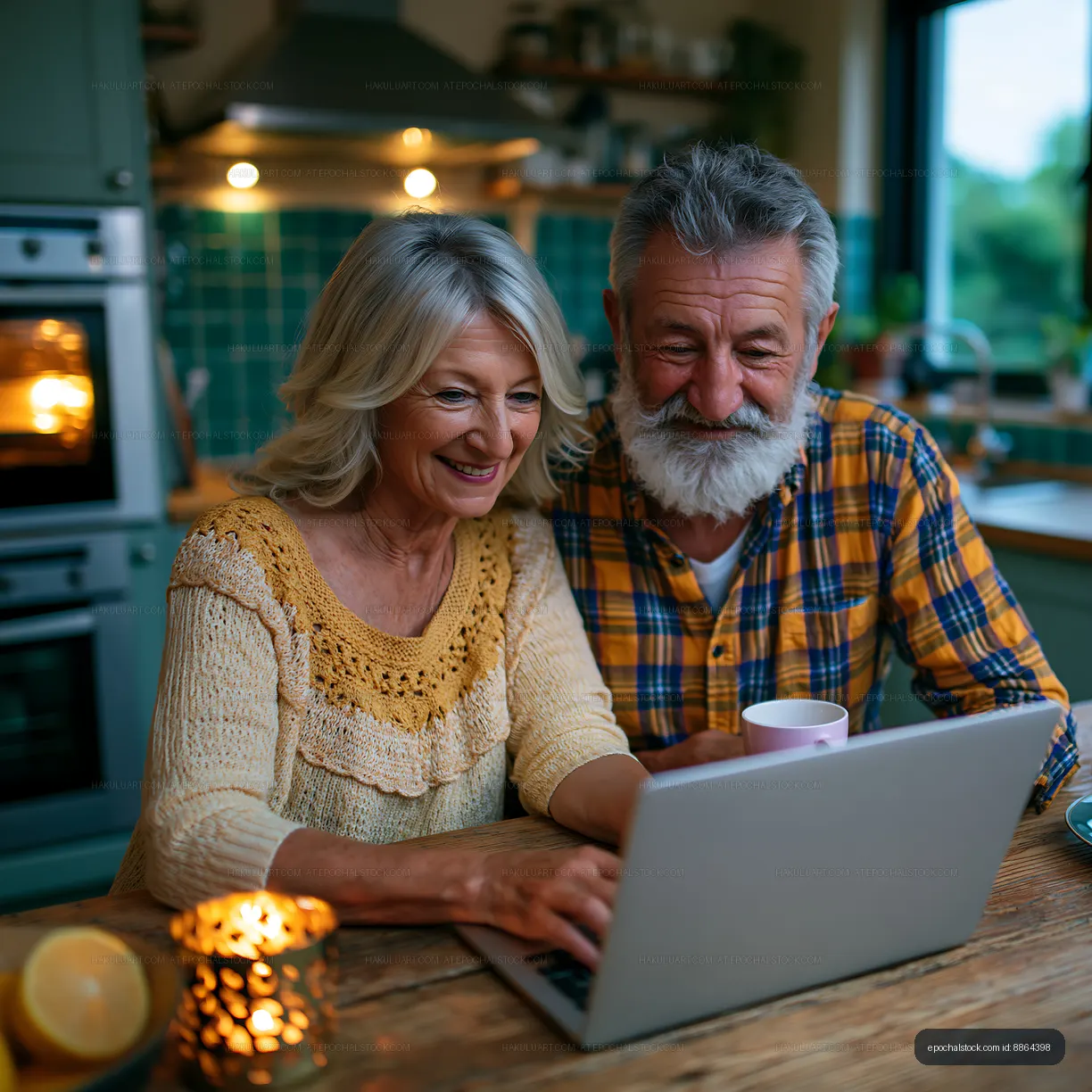 Elderly couple using laptop together in cozy kitchen