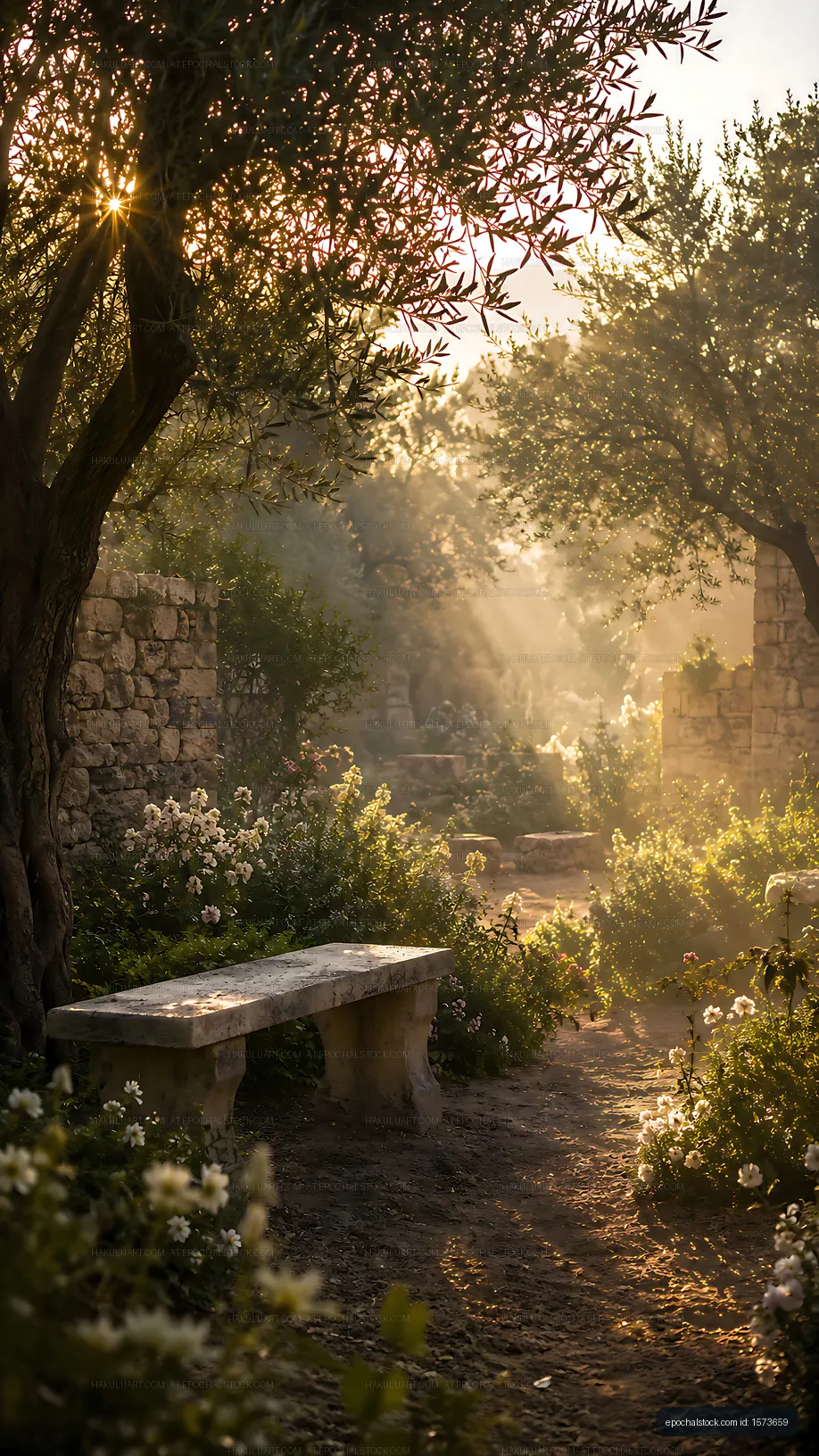 Sunlight filters through trees in a garden with flowers and a bench