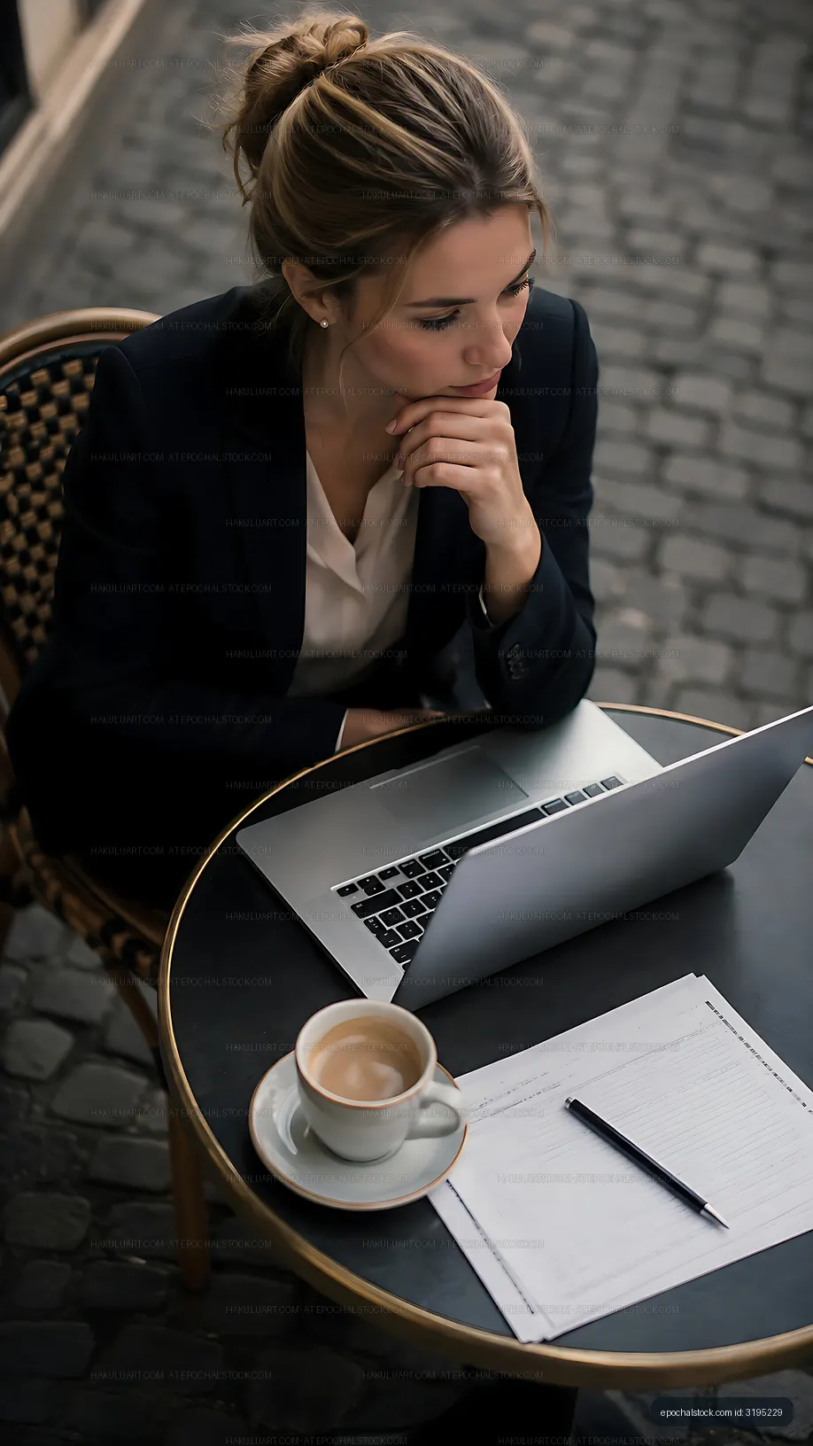 Woman working on laptop at cafe table with coffee