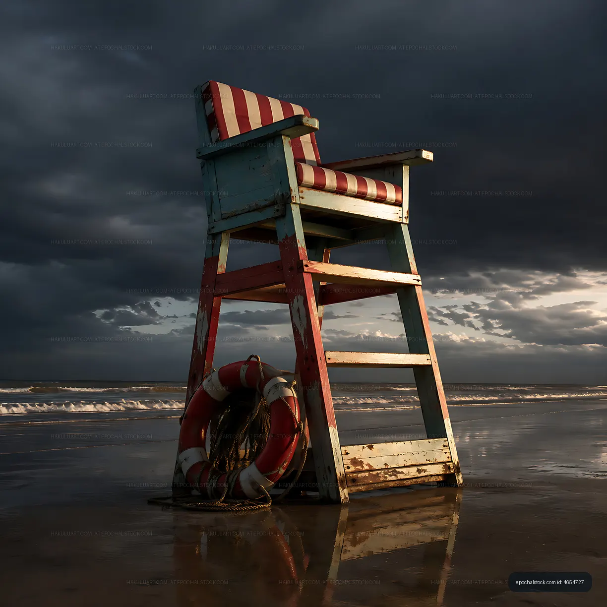 Lifeguard chair on beach against dark stormy sky