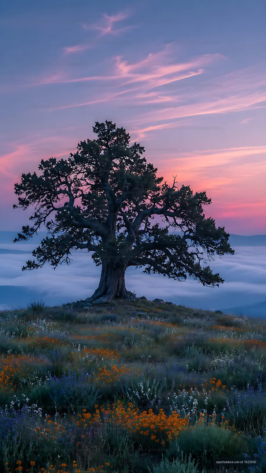 Tree on hillside at sunset with flowers and fog