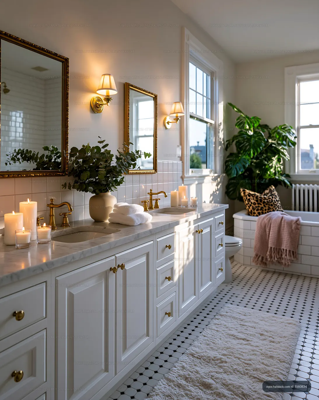 Modern bathroom with plants and candles during evening light