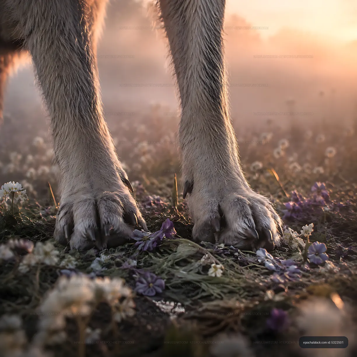 Dog paws on flowers in misty landscape at sunset