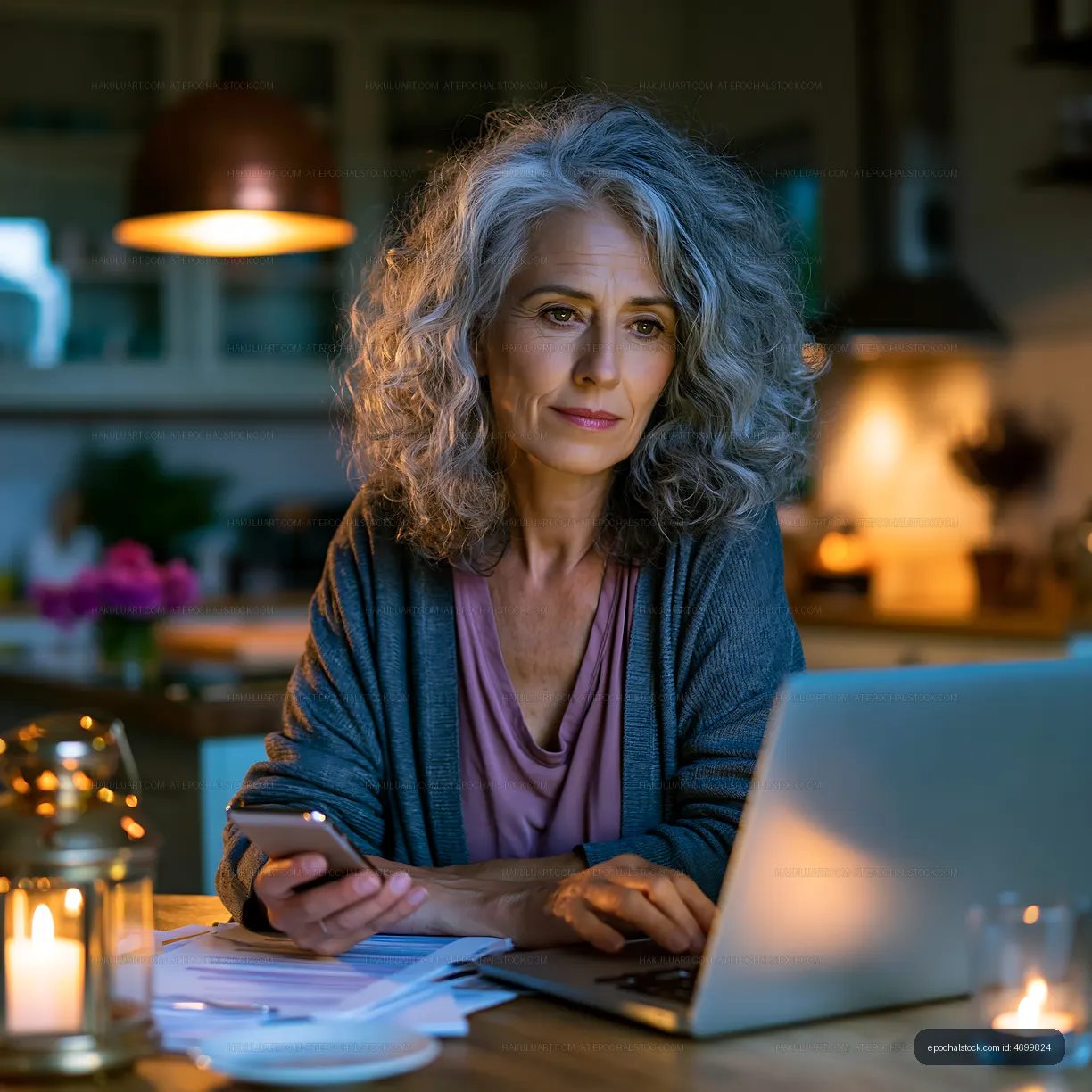 Woman working on laptop while using smartphone in cozy kitchen
