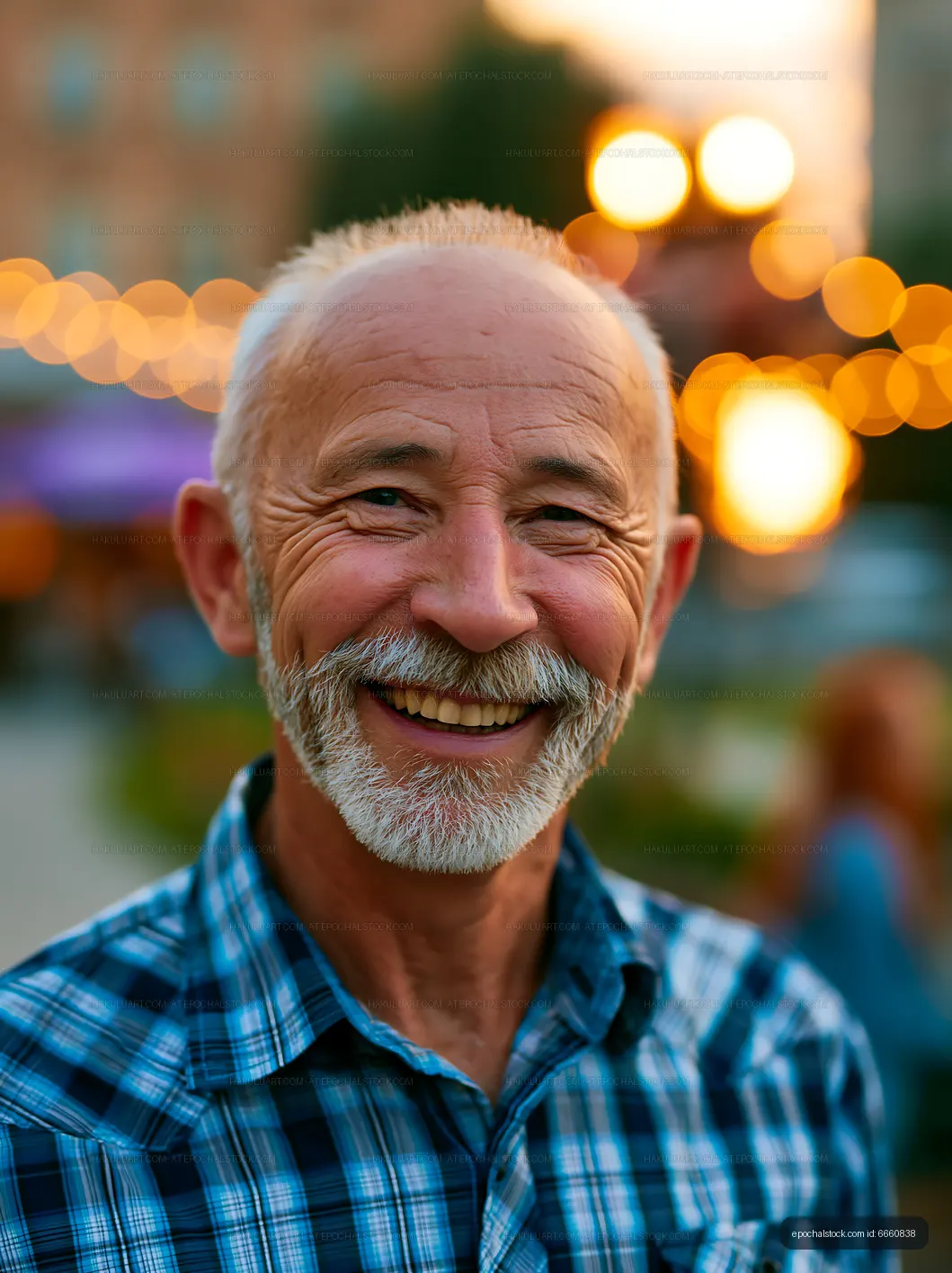 Smiling older man with a beard in outdoor setting during sunset