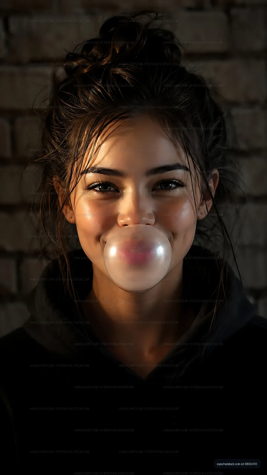 Young woman blowing a bubble in front of a brick wall