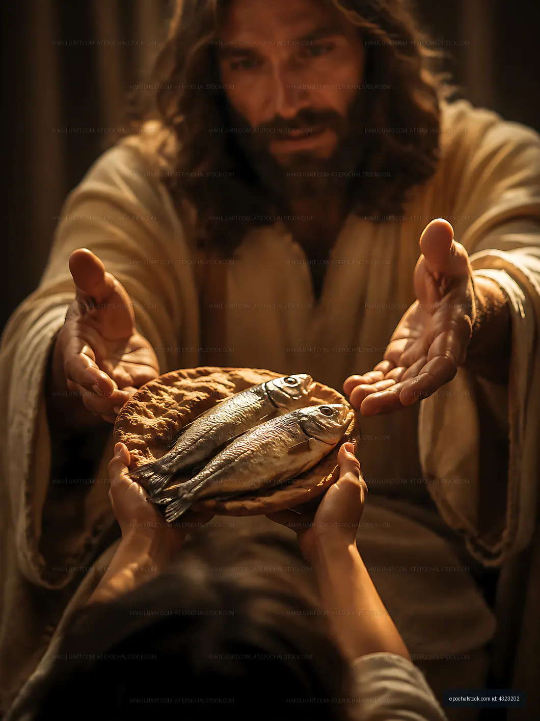 Man with long hair offers fish and bread to a person