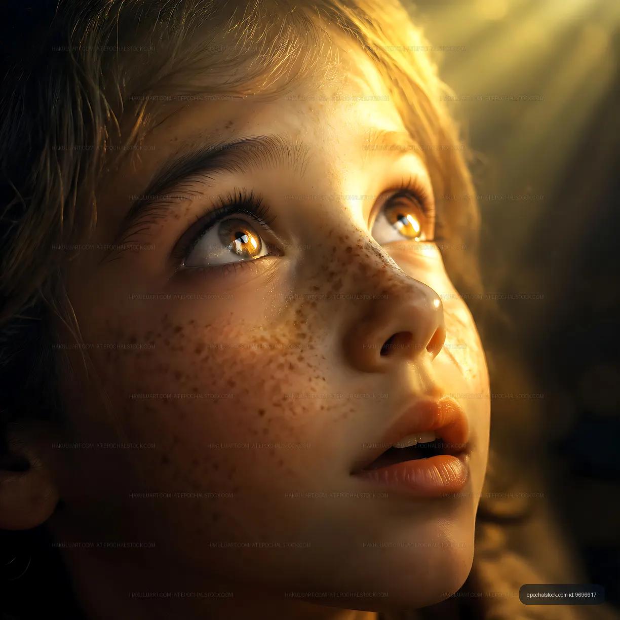 Child looking up with wonder in dim light