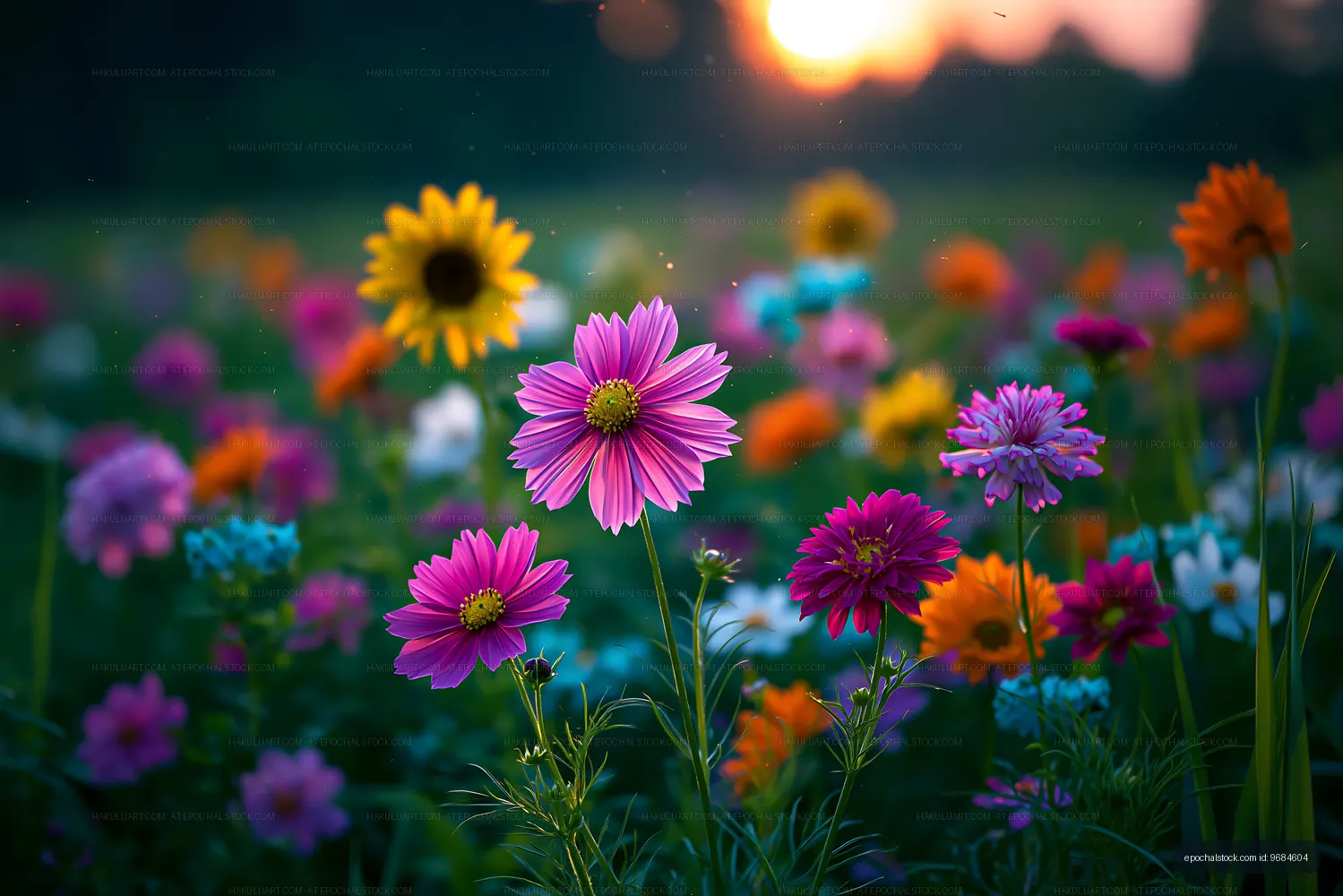 Colorful wildflowers in a field during sunset