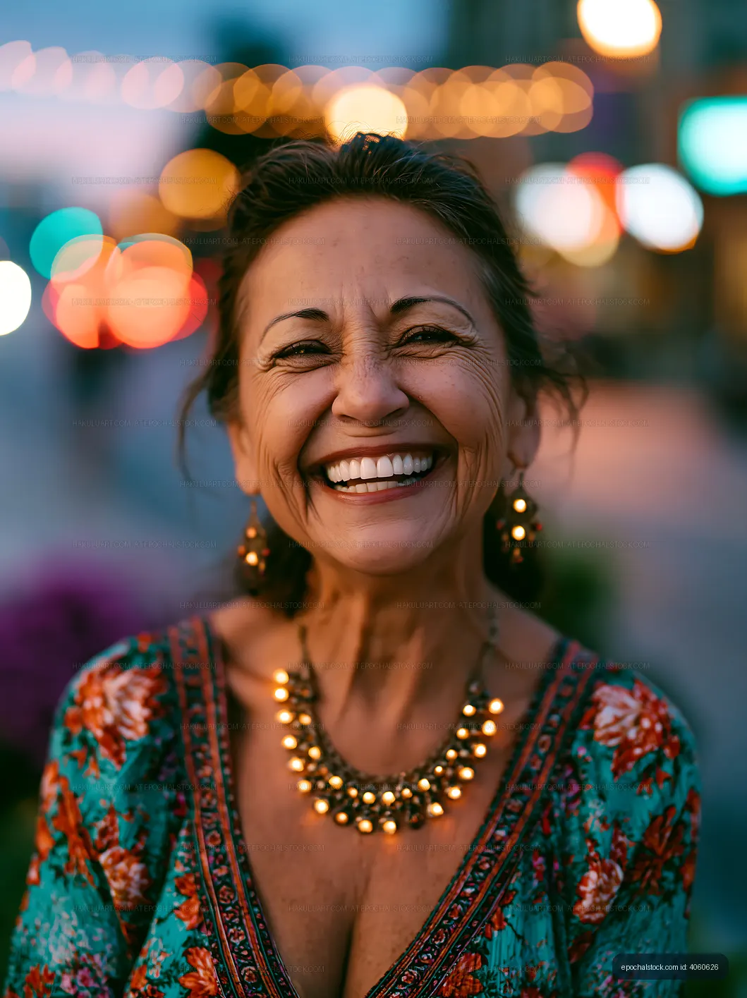 Woman smiling at sunset in a vibrant city street