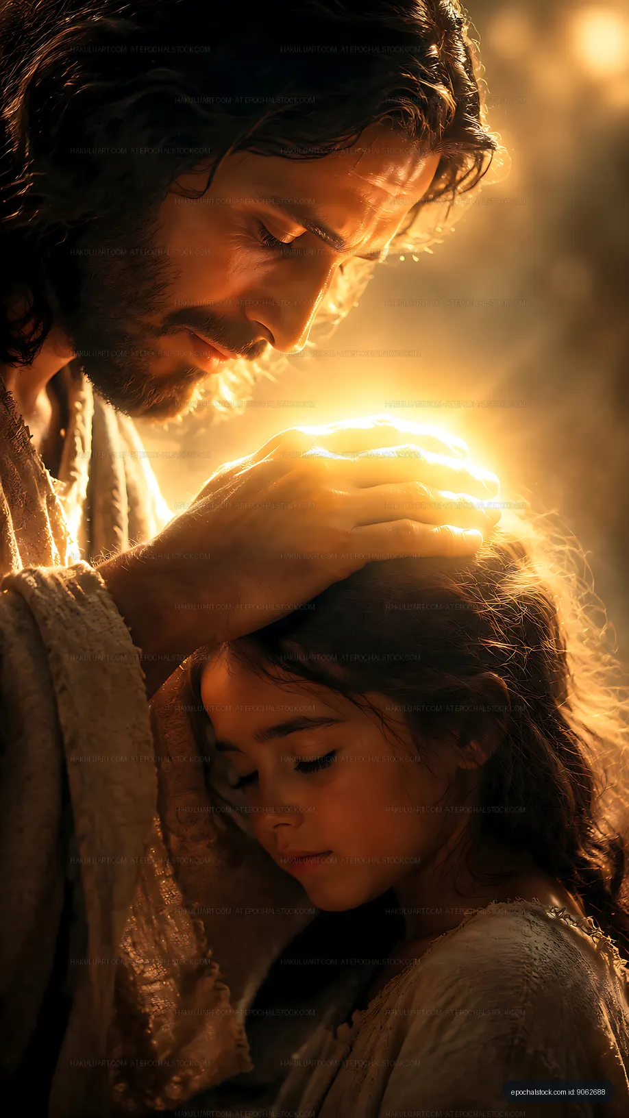 Father blessing daughter with light shining in background