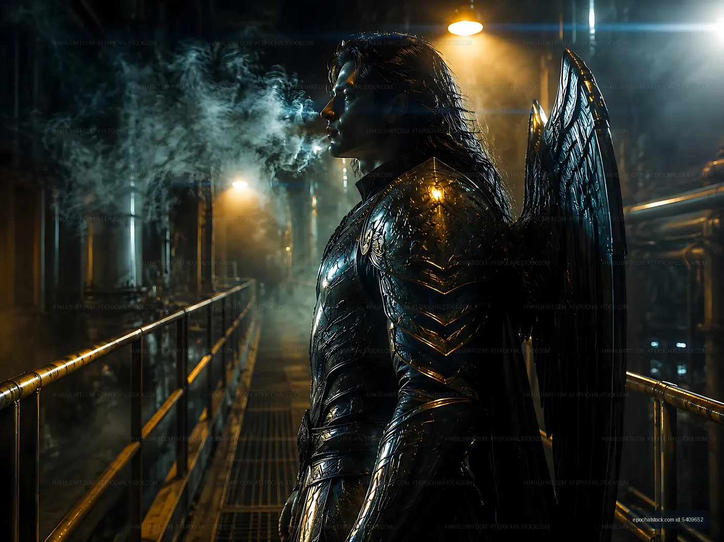 Figure with wings in a smoky industrial setting at night