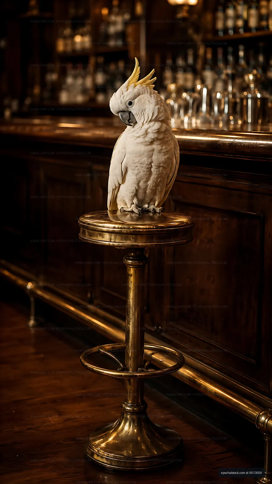 White parrot perched on a stool in an old bar setting