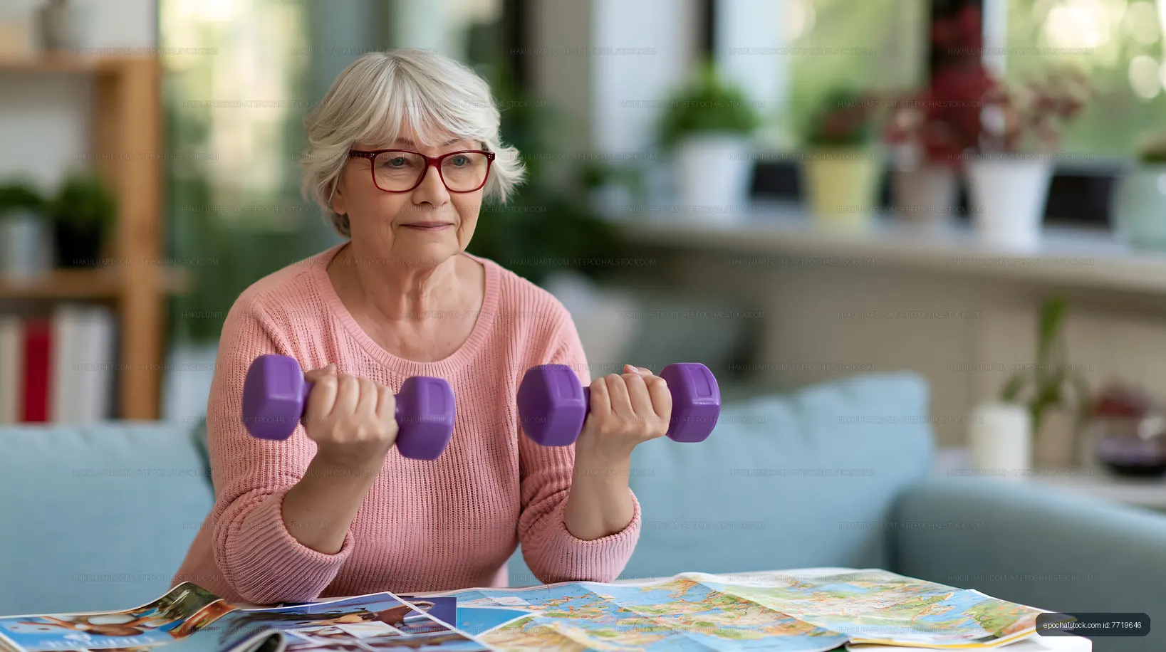 Senior woman lifting weights while sitting at a table with maps