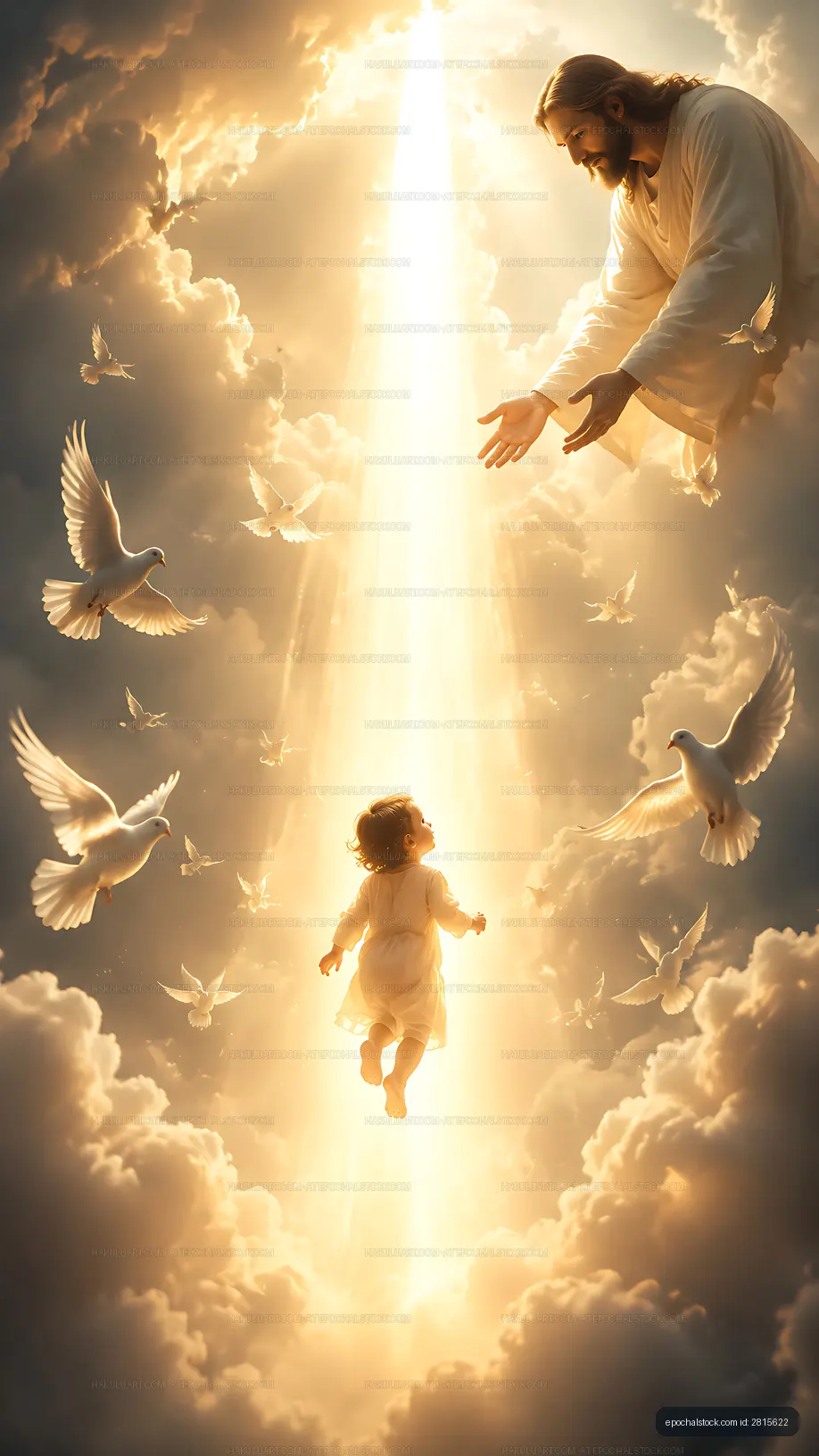 Jesus reaching out to a child surrounded by doves and light