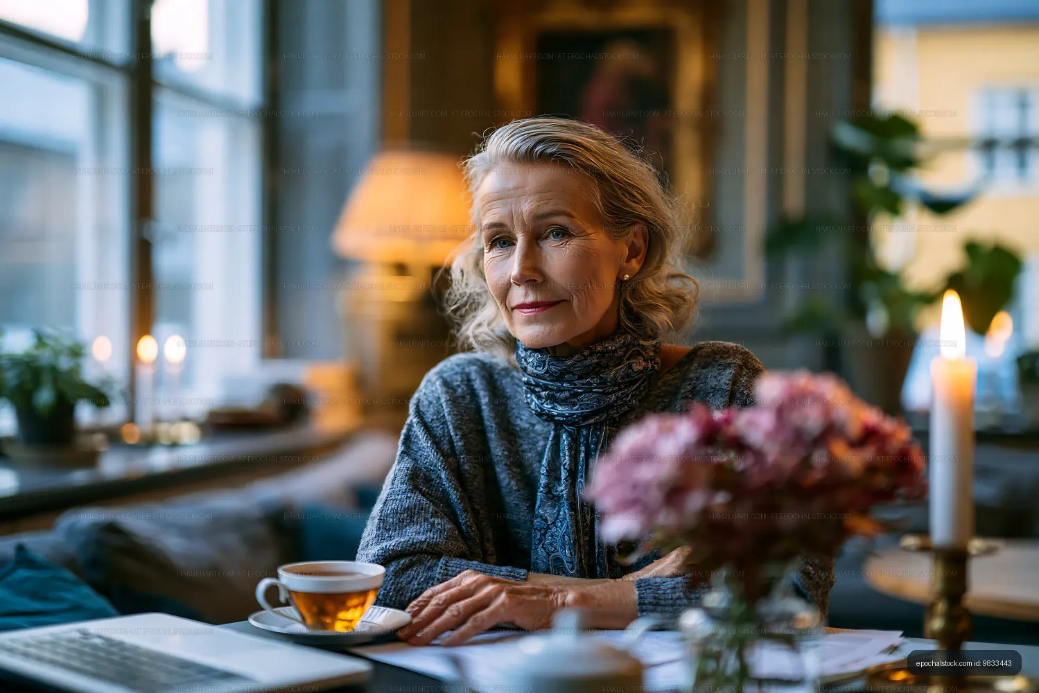 Woman enjoying tea in cozy cafe setting