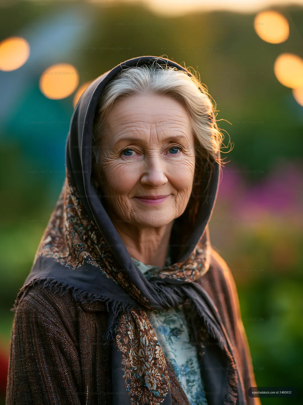 Portrait of older woman smiling in garden at sunset