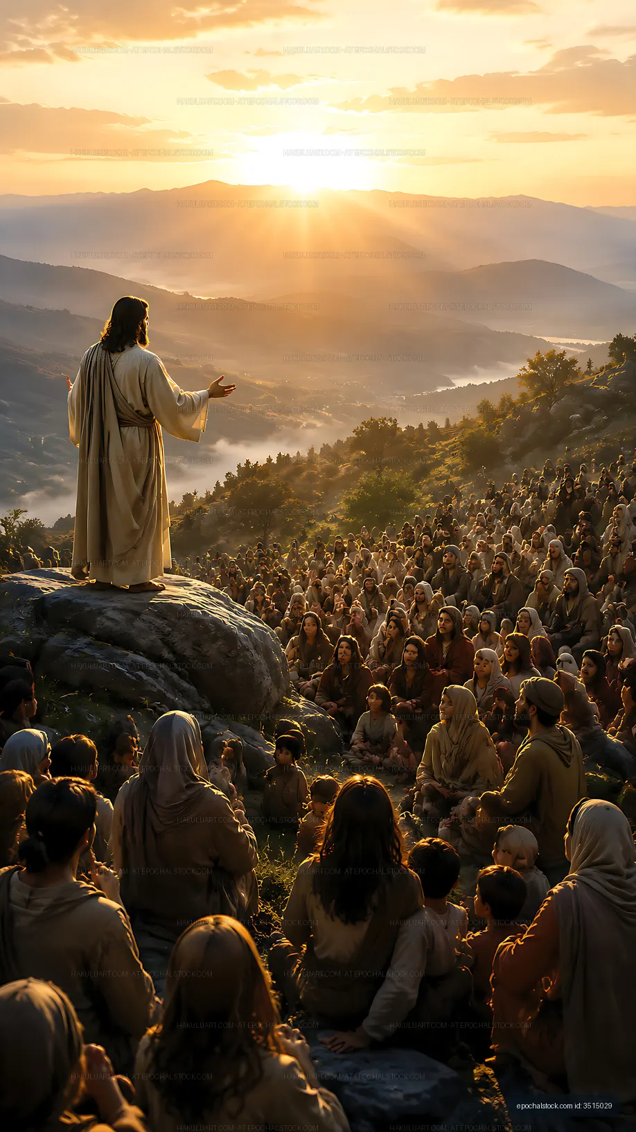 Jesus teaching a large crowd during sunset in a mountainous area