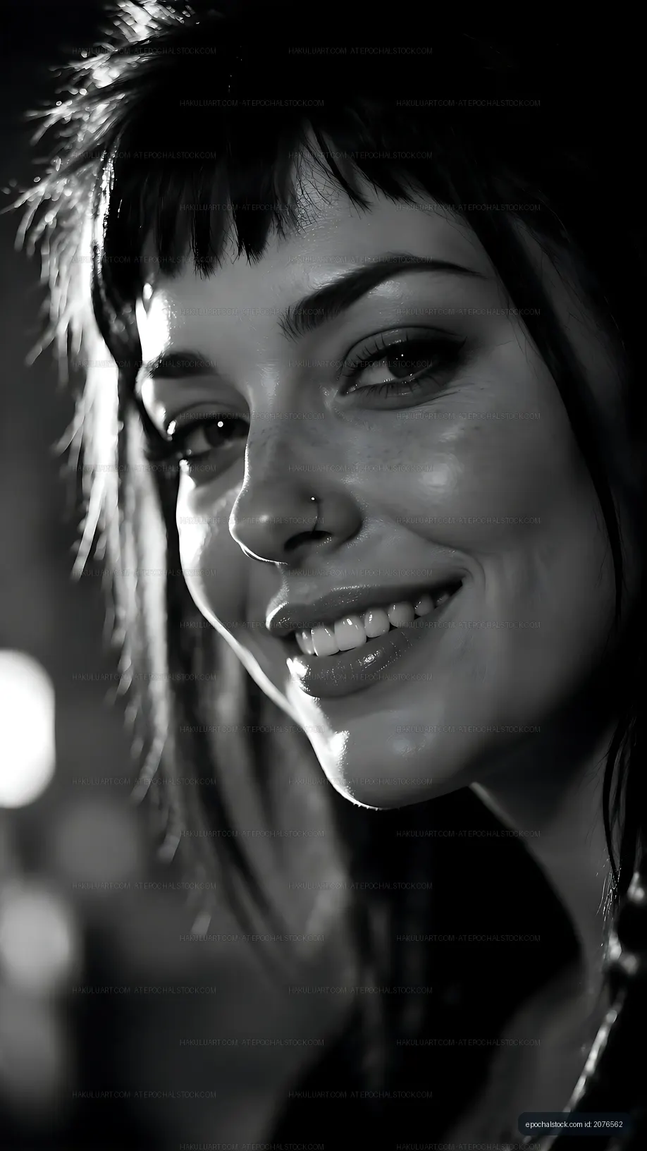 Woman smiling in a dimly lit setting with dark hair