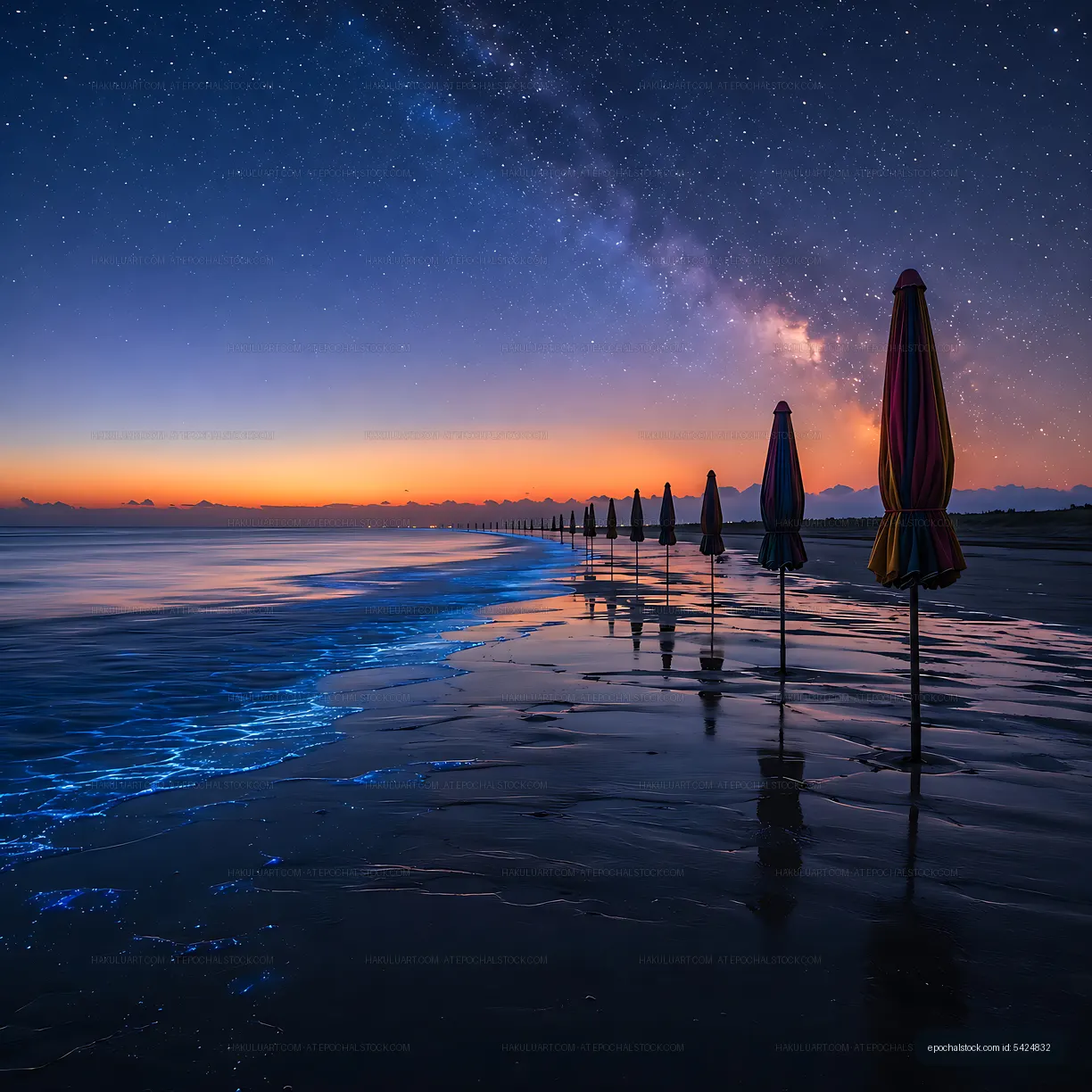 Colorful umbrellas on a beach under the night sky