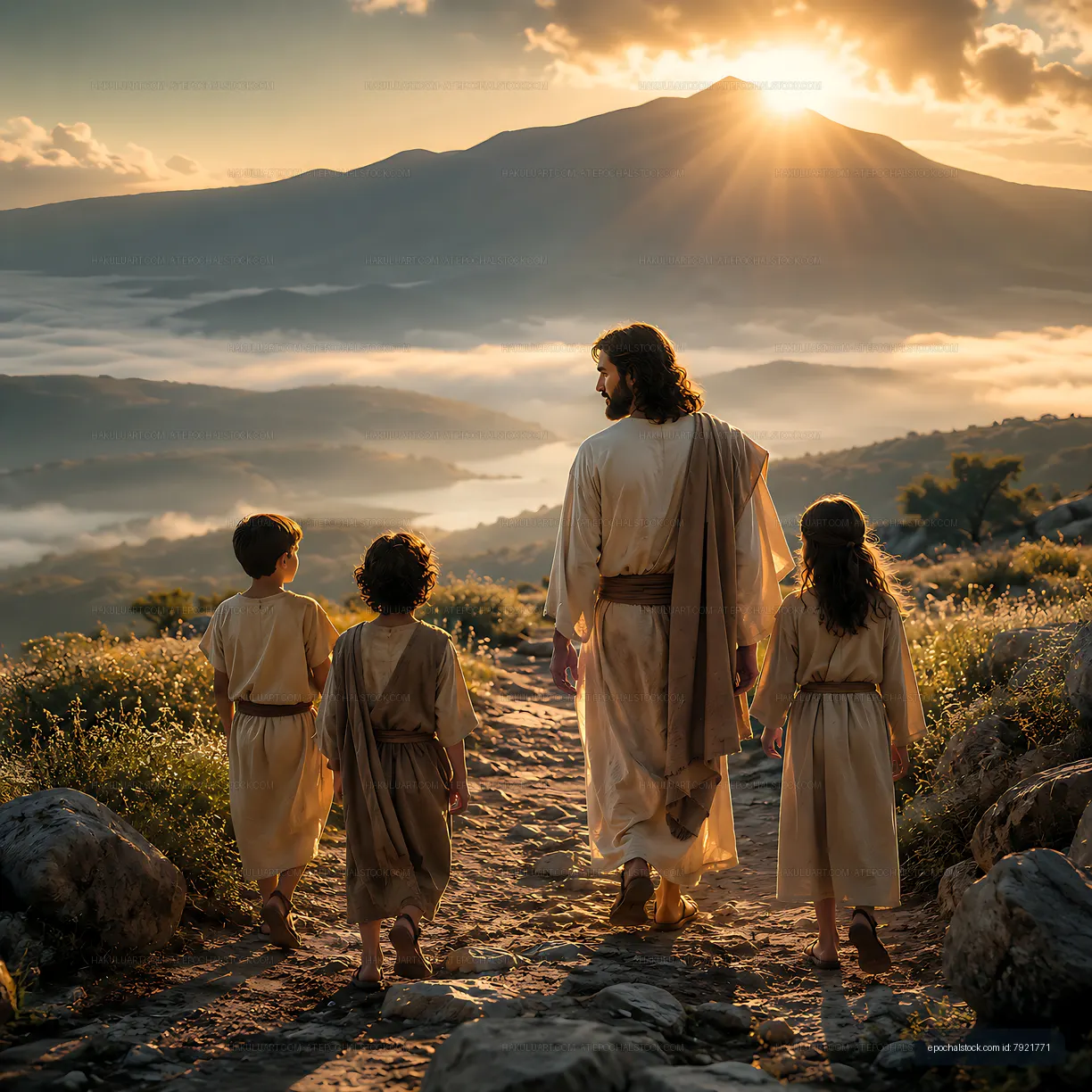 Person walks with children on a rocky path toward a mountain